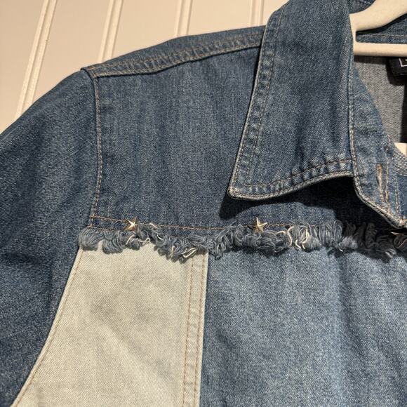 Vintage Denim Patchwork Western Shirt Star Studs Frayed Short Sleeve Size XL - Picture 4 of 8